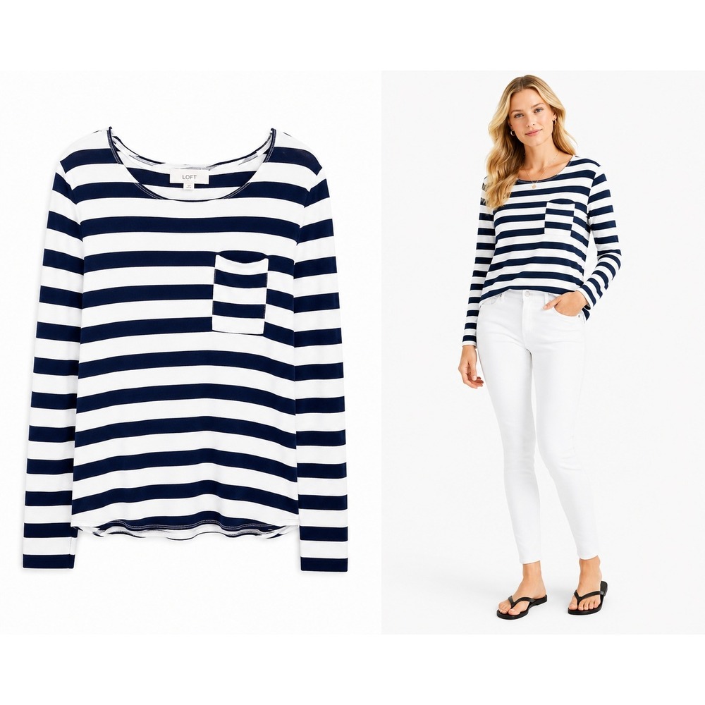 Ann Taylor LOFT M Striped Pullover Top Coastal Preppy Nautical Linen Soft Knit